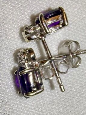 925 Sterling Silver Stud Earrings/Amethyst and Natural Diamond